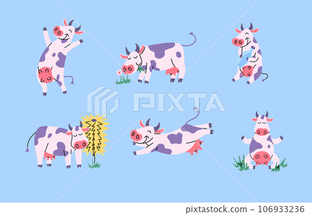 Cartoon Color Characters Different Cute Cows Set Concept Flat Design Style. Vector illustration of Funny Cow with Glass of Milk 106933236
