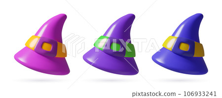 Witch hats 3d vector icons set. Wizard cap with belt. Halloween costume element on white background. Witch hats 3d vector icons set. Wizard cap with belt. Halloween costume element on white background. 106933241