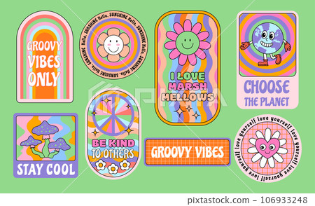 Cartoon Color Fun Groovy Retro Elements Set Concept Flat Design Style. Vector illustration Good Vibes and Choose Planet 106933248