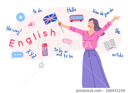 Cartoon Color Character Woman and English Language Online Service Concept Flat Design Style. Vector illustration of Foreign Course 106933249