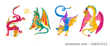 Cartoon Color Different Characters Dragons Set Fairytale or Mythology Concept Flat Design Style Symbol of Asian or Medieval Culture. Vector illustration 106933251