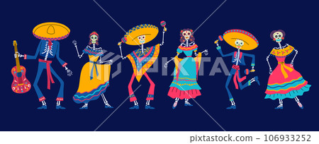 Cartoon Color Day Dead Characters Set Dia de Los Muertos Character Dancing Concept Flat Design Style. Vector illustration 106933252
