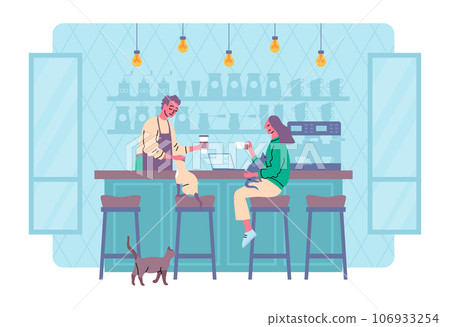 Cartoon Color Characters People and Cozy Pet Friendly Coffee Shop Interior Inside Scene Concept. Vector illustration Cartoon Color Characters People and Cozy Pet Friendly Coffee Shop Interior Inside Scene Concept. Vector illustration 106933254