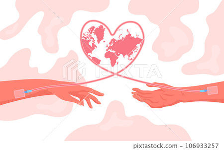Cartoon Color Blood Donation Concept Poster Card Flat Design Style Hands of Giver and Patient. Vector illustration of World Blood Donor Day 106933257