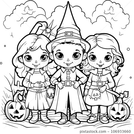 Halloween party for kids, black and white coloring page for kids and adults , line art, simple cartoon style, happy cute and funny Halloween party for kids, black and white coloring page for kids and adults , line art, simple cartoon style, happy cute and funny 106933660