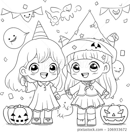 Halloween party for kids, black and white coloring page for kids and adults , line art, simple cartoon style, happy cute and funny Halloween party for kids, black and white coloring page for kids and adults , line art, simple cartoon style, happy cute and funny 106933672