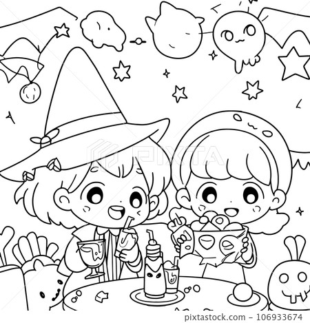 Halloween party for kids, black and white coloring page for kids and adults , line art, simple cartoon style, happy cute and funny 106933674