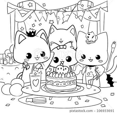 Halloween party for kids, black and white coloring page for kids and adults , line art, simple cartoon style, happy cute and funny 106933691