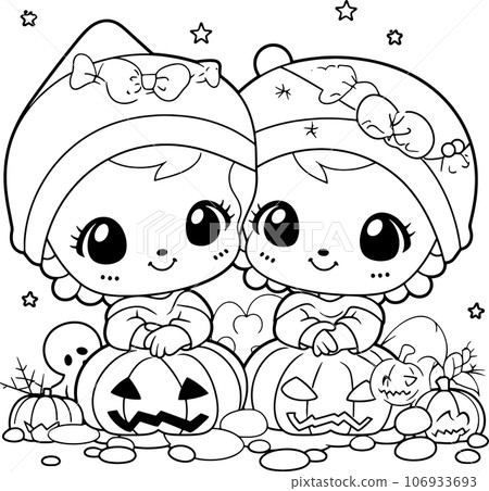 Halloween party for kids, black and white coloring page for kids and adults , line art, simple cartoon style, happy cute and funny 106933693