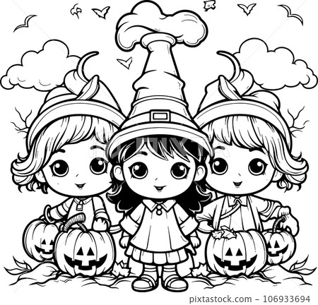 Halloween party for kids, black and white coloring page for kids and adults , line art, simple cartoon style, happy cute and funny 106933694