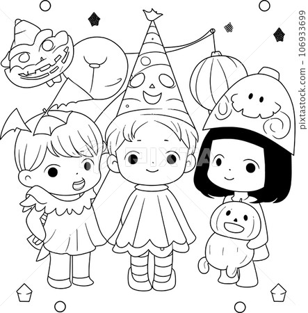 Halloween party for kids, black and white coloring page for kids and adults , line art, simple cartoon style, happy cute and funny Halloween party for kids, black and white coloring page for kids and adults , line art, simple cartoon style, happy cute and funny 106933699