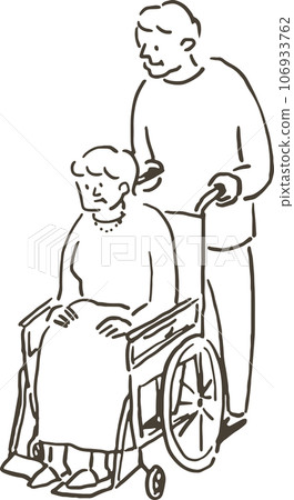 A middle-aged woman in a wheelchair and a middle-aged man assisting her (line drawing) 106933762