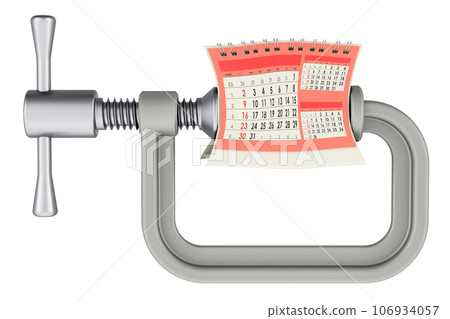 Desk calendar squeezed in a clamp concept, 3D rendering Desk calendar squeezed in a clamp concept, 3D rendering 106934057