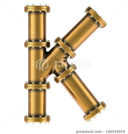 Letter K from copper, bronze or brass pipes, 3D rendering Letter K from copper, bronze or brass pipes, 3D rendering 106934059