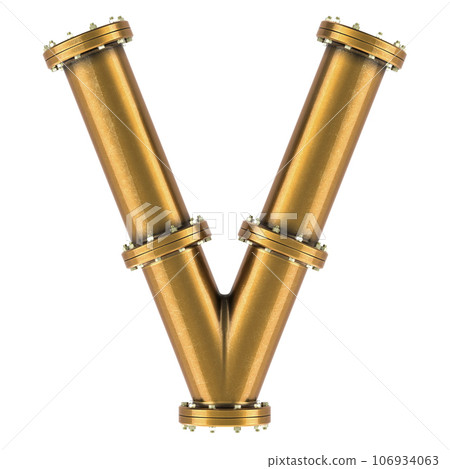 Letter V from copper, bronze or brass pipes, 3D rendering Letter V from copper, bronze or brass pipes, 3D rendering 106934063