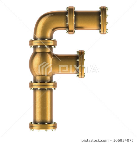 Letter F from copper, bronze or brass pipes, 3D rendering Letter F from copper, bronze or brass pipes, 3D rendering 106934075