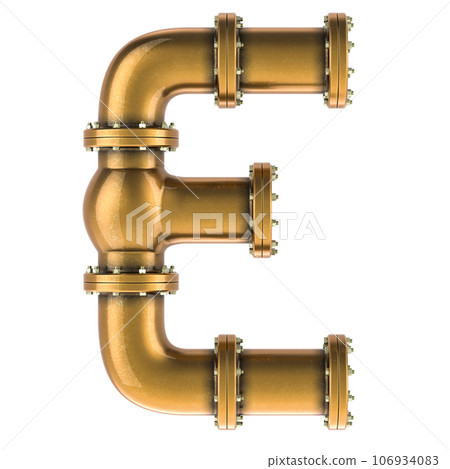 Letter E from copper, bronze or brass pipes, 3D rendering 106934083