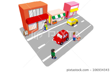 購物街的街景,兩旁都是商店,人和汽車經過 購物街的街景,兩旁都是商店,人和汽車經過 106934343