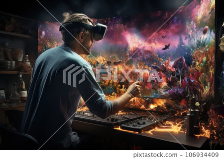 A man painting in virtual reality world, Vr surreal world, Generate with Ai. 106934409