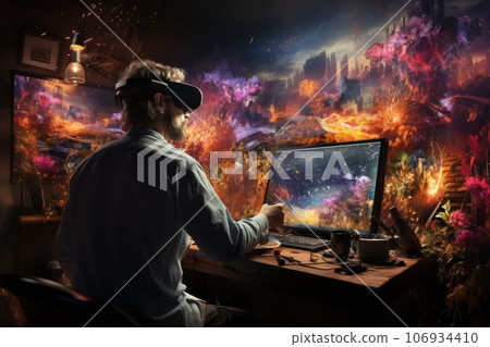 A man painting in virtual reality world, Vr surreal world, Generate with Ai. 106934410