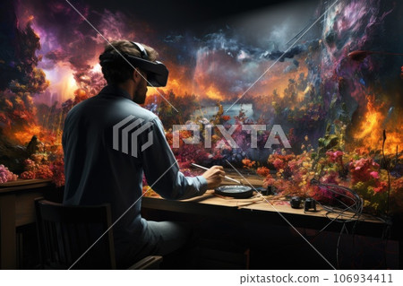 A man painting in virtual reality world, Vr surreal world, Generate with Ai. 106934411