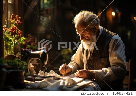 A Elder Man owner working in Tailor shop, Generate with Ai 106934421