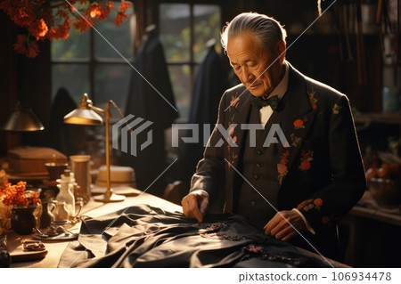 A Man owner Tailor shop and suit hanging on shirt fitting mannequin on background, Generate with Ai A Man owner Tailor shop and suit hanging on shirt fitting mannequin on background, Generate with Ai 106934478