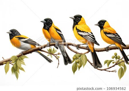 Image of group of oriolidae or old world orioles on a branch on a white background. Birds. Animals. Illustration, Generative AI. 106934562