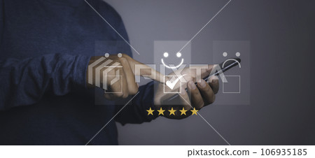 Businessman giving high score with five golden stars rating satisfaction in service. Businessman giving high score with five golden stars rating satisfaction in service. 106935185