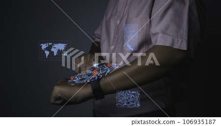 Man using smart watch technology find virtual model map with location point. 106935187