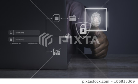Secure access granted by valid fingerprint scan, cyber security on internet. Secure access granted by valid fingerprint scan, cyber security on internet. 106935309