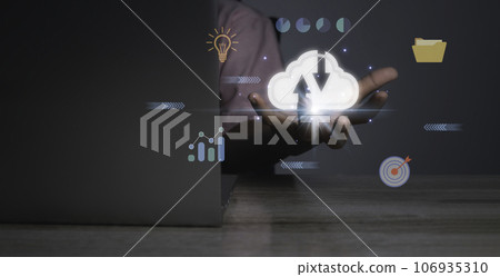 Man use computer cloud computing diagram, Data storage and network connection. Man use computer cloud computing diagram, Data storage and network connection. 106935310