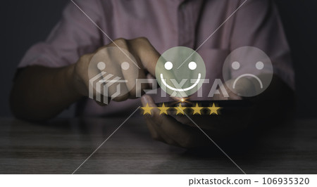 Man giving high score with five golden stars rating satisfaction in service. Man giving high score with five golden stars rating satisfaction in service. 106935320