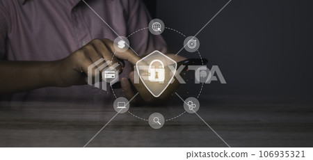 Man secure access protecting personal data network security by mobile phone. Man secure access protecting personal data network security by mobile phone. 106935321