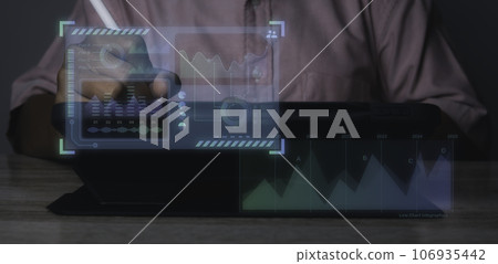Business analysis, Analyst working Data Management System on virtual screen. Business analysis, Analyst working Data Management System on virtual screen. 106935442