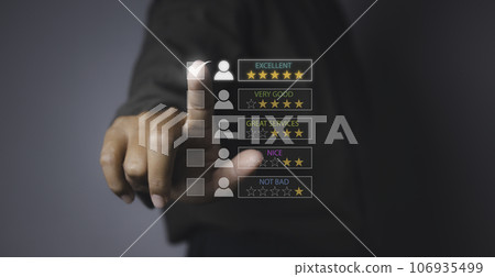 Businessman giving high score with five stars rating satisfaction in service. Businessman giving high score with five stars rating satisfaction in service. 106935499