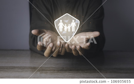 Man with protective gesture family. Man with protective gesture family. 106935655