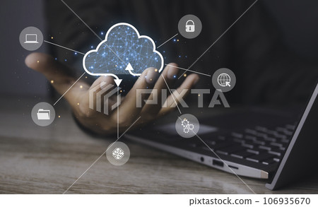 man holding cloud computing diagram, Data storage and network with connection. man holding cloud computing diagram, Data storage and network with connection. 106935670