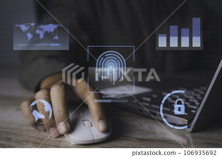 Fingerprint scanner futuristic digital processing of biometric identification. Fingerprint scanner futuristic digital processing of biometric identification. 106935692