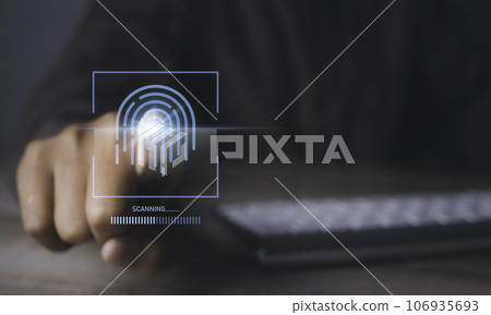 Fingerprint scanner futuristic digital processing of biometric identification. Fingerprint scanner futuristic digital processing of biometric identification. 106935693