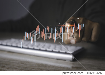 Stock market graph with man touching stock trading screen. Stock market graph with man touching stock trading screen. 106935697