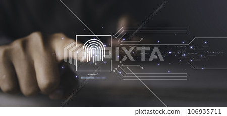 Fingerprint scanner futuristic digital processing of biometric identification. Fingerprint scanner futuristic digital processing of biometric identification. 106935711