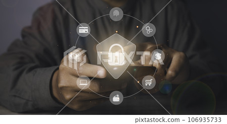 Businessman secure access protecting personal data with virtual screen interfaces. Businessman secure access protecting personal data with virtual screen interfaces. 106935733