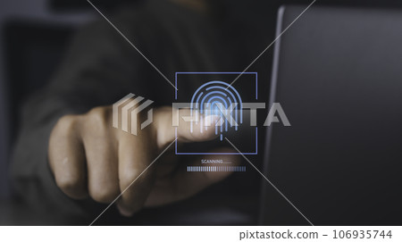 Fingerprint scanner futuristic digital processing of biometric identification. Fingerprint scanner futuristic digital processing of biometric identification. 106935744