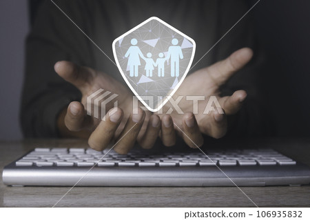 Man with protective gesture family. Man with protective gesture family. 106935832