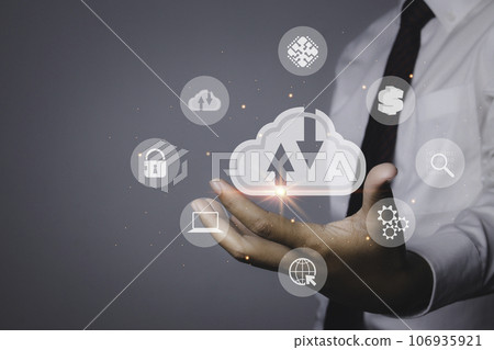man holding cloud computing diagram, Data storage and network with connection. man holding cloud computing diagram, Data storage and network with connection. 106935921