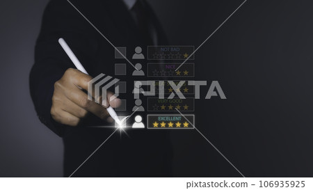 Businessman giving high score with five stars rating satisfaction in service. Businessman giving high score with five stars rating satisfaction in service. 106935925