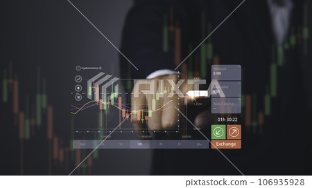 Stock market graph with man working stock trading computer screen background. Stock market graph with man working stock trading computer screen background. 106935928