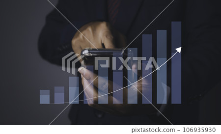 Stock market graph with man using phone financial profit stock development. Stock market graph with man using phone financial profit stock development. 106935930
