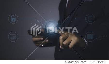 Fingerprint scanner futuristic digital processing of biometric identification. Fingerprint scanner futuristic digital processing of biometric identification. 106935932